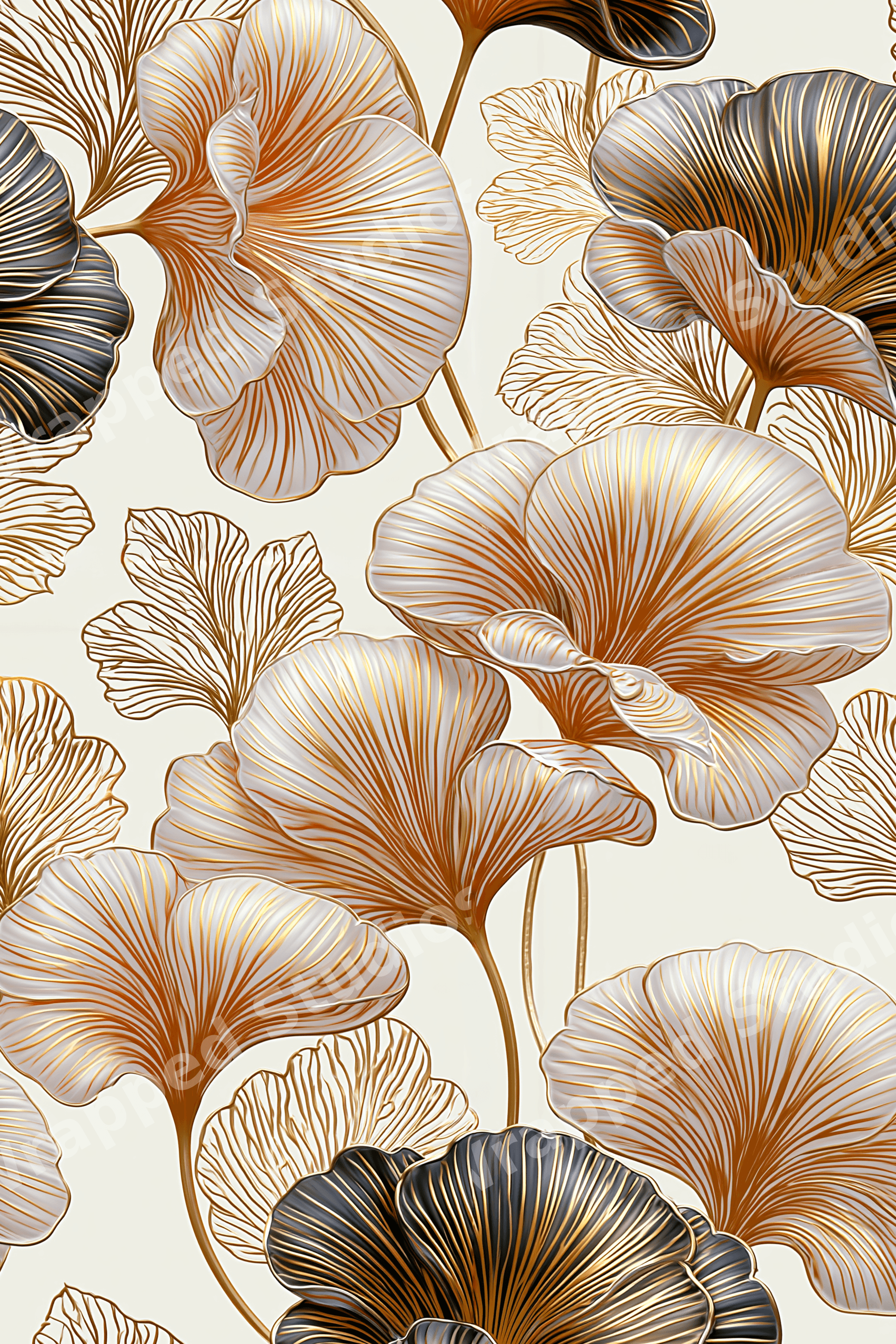 Elegant gold and black ginkgo leaf floral pattern in modern art deco style on a cream background.