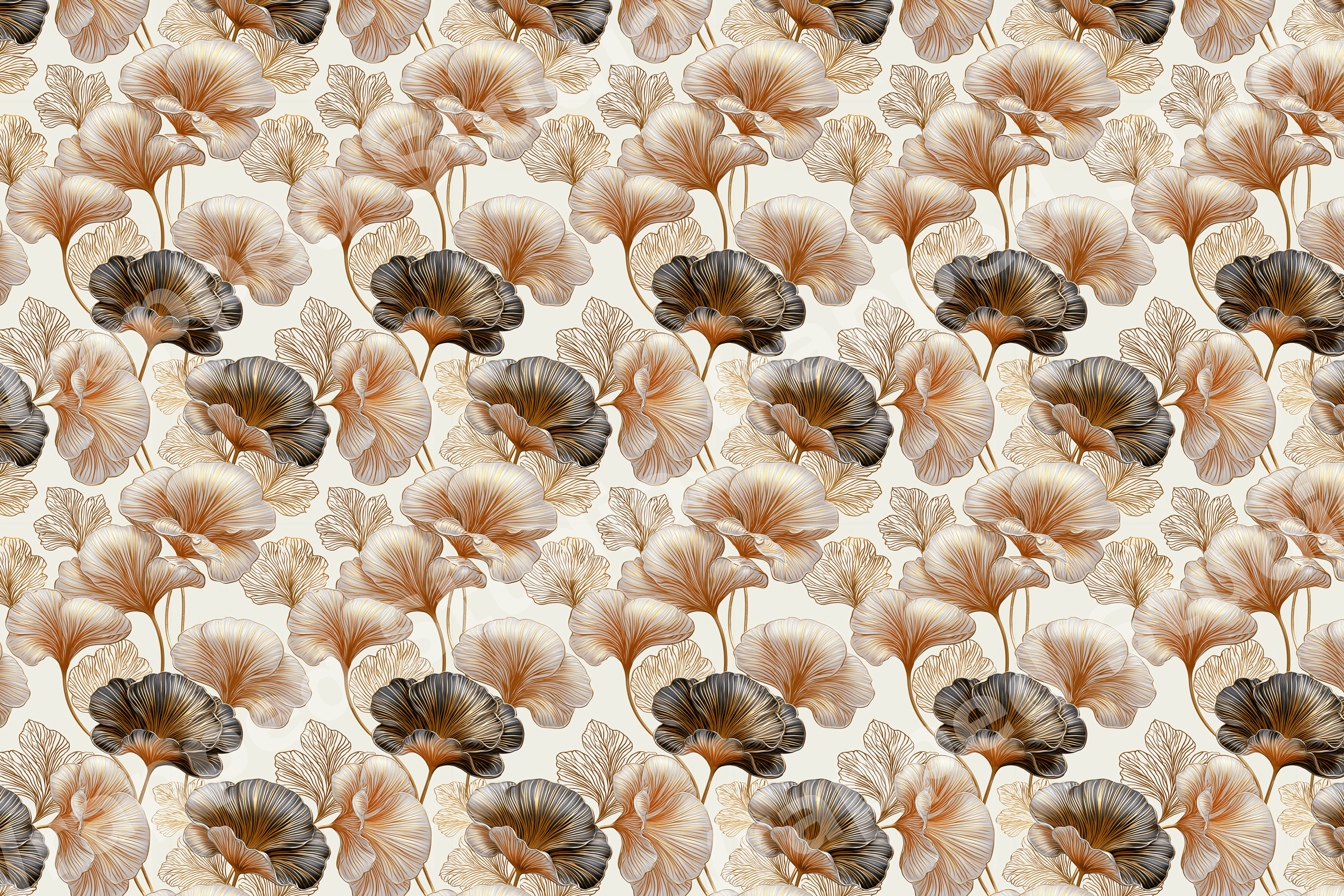Elegant vintage botanical design with gold, bronze, and black ginkgo leaves in a seamless floral pattern.