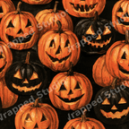 Spooky Halloween jack-o'-lantern pattern featuring hand-drawn orange and black pumpkins on a dark background.
