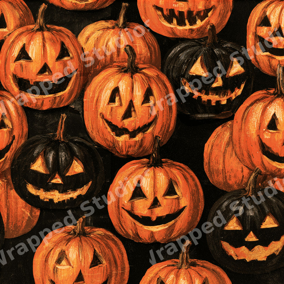 Spooky Halloween jack-o'-lantern pattern featuring hand-drawn orange and black pumpkins on a dark background.