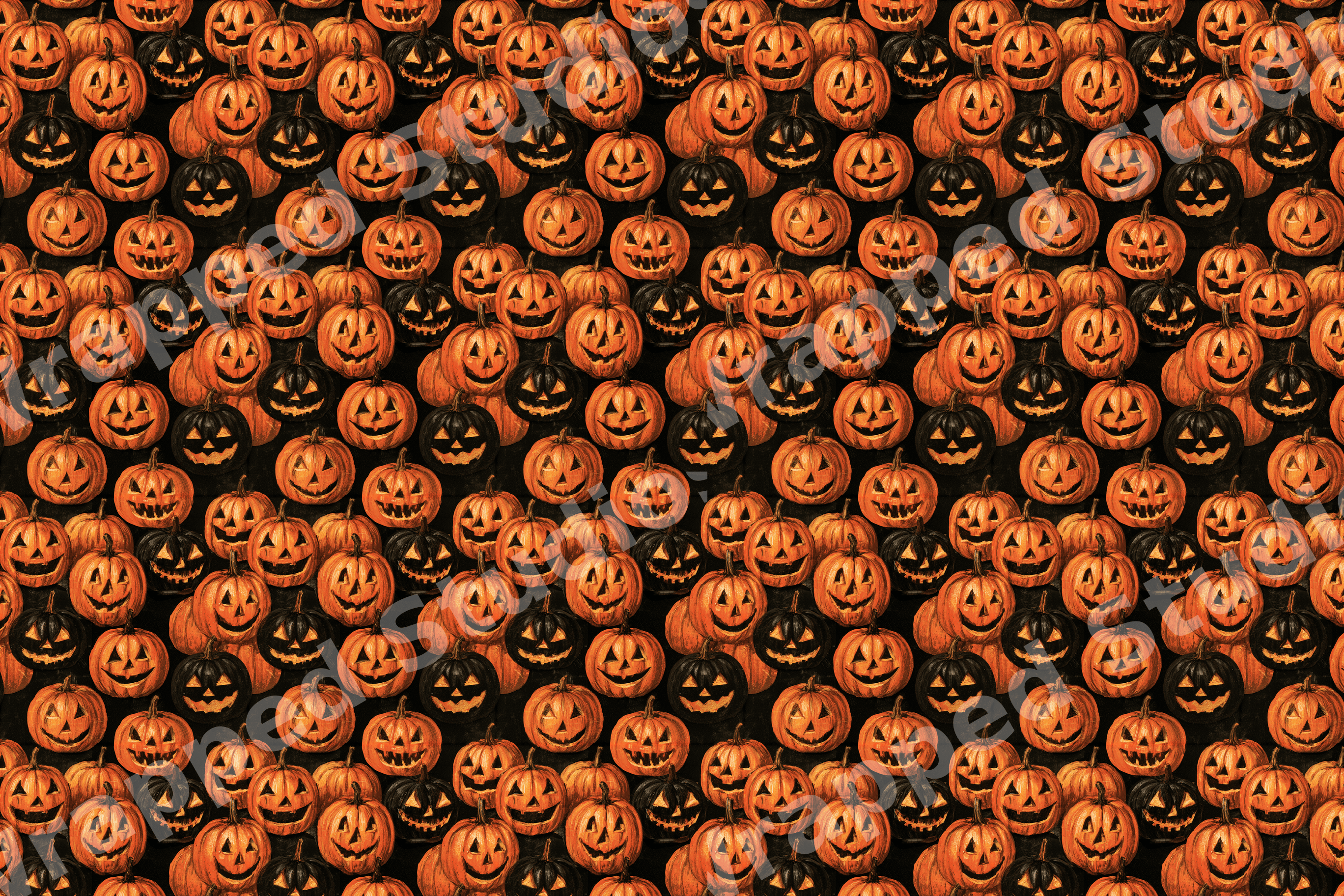 Spooky vintage Halloween pattern with seamless orange and black hand-drawn jack-o'-lantern pumpkins.