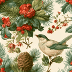 Vintage botanical design with a winter bird, pinecones, and red berries on a cream background.