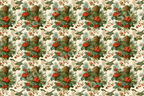 Vintage botanical holiday pattern with birds, pinecones, and red berries on a cream background.