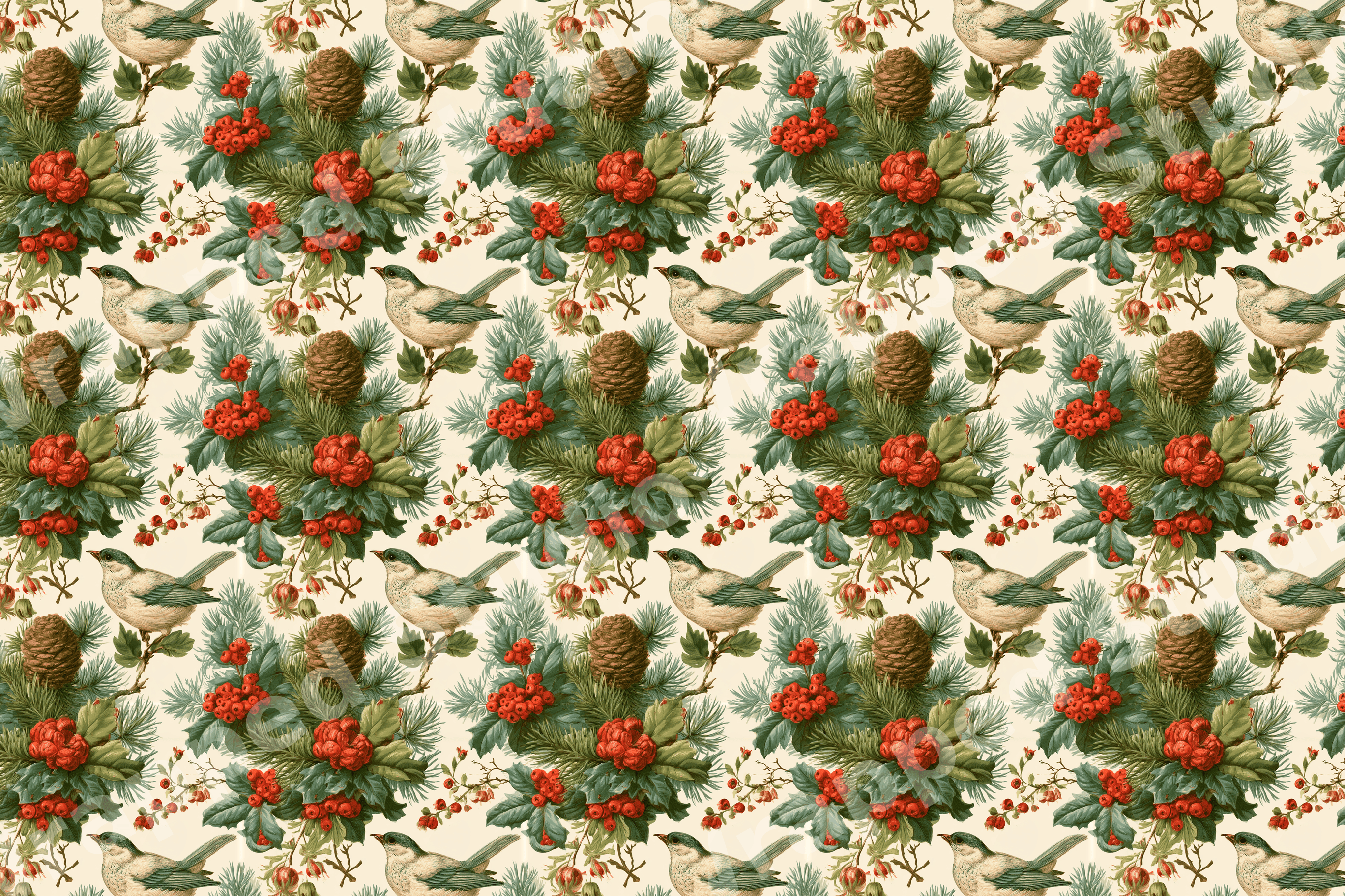 Vintage botanical holiday pattern with birds, pinecones, and red berries on a cream background.