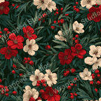 Elegant floral pattern with red and white blossoms, dark green leaves, and small red berries.