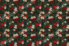 Elegant floral pattern with red and cream blossoms, green foliage, and berry accents on a dark ground.