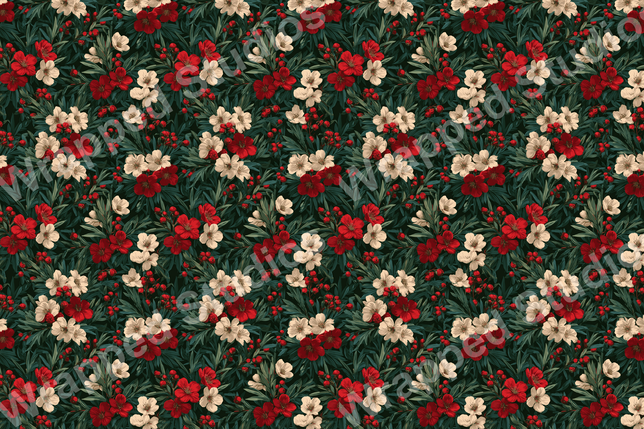 Elegant floral pattern with red and cream blossoms, green foliage, and berry accents on a dark ground.