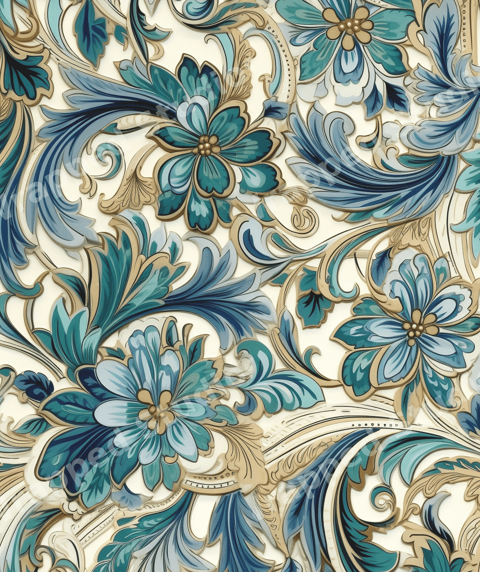 Elegant vintage botanical design featuring ornate teal blue flowers and gold scrollwork on cream.
