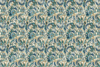 Vintage botanical pattern featuring ornate teal flowers and elegant gold scrolls.