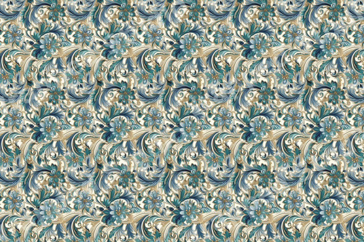 Vintage botanical pattern featuring ornate teal flowers and elegant gold scrolls.