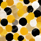 Abstract modern circle pattern with warm yellow, black, white, and earthy brown tones creating an inviting, playful vibe.