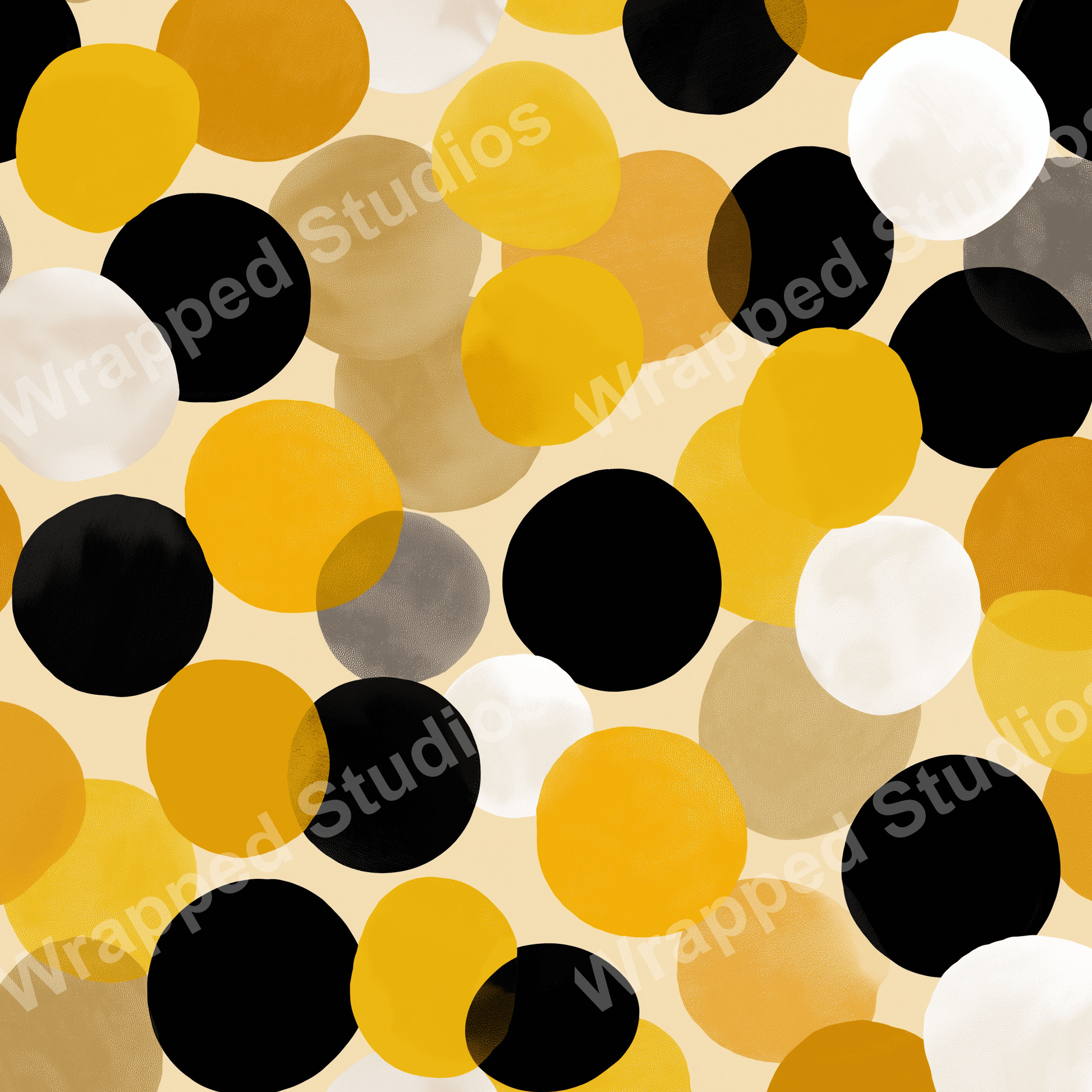 Abstract modern circle pattern with warm yellow, black, white, and earthy brown tones creating an inviting, playful vibe.
