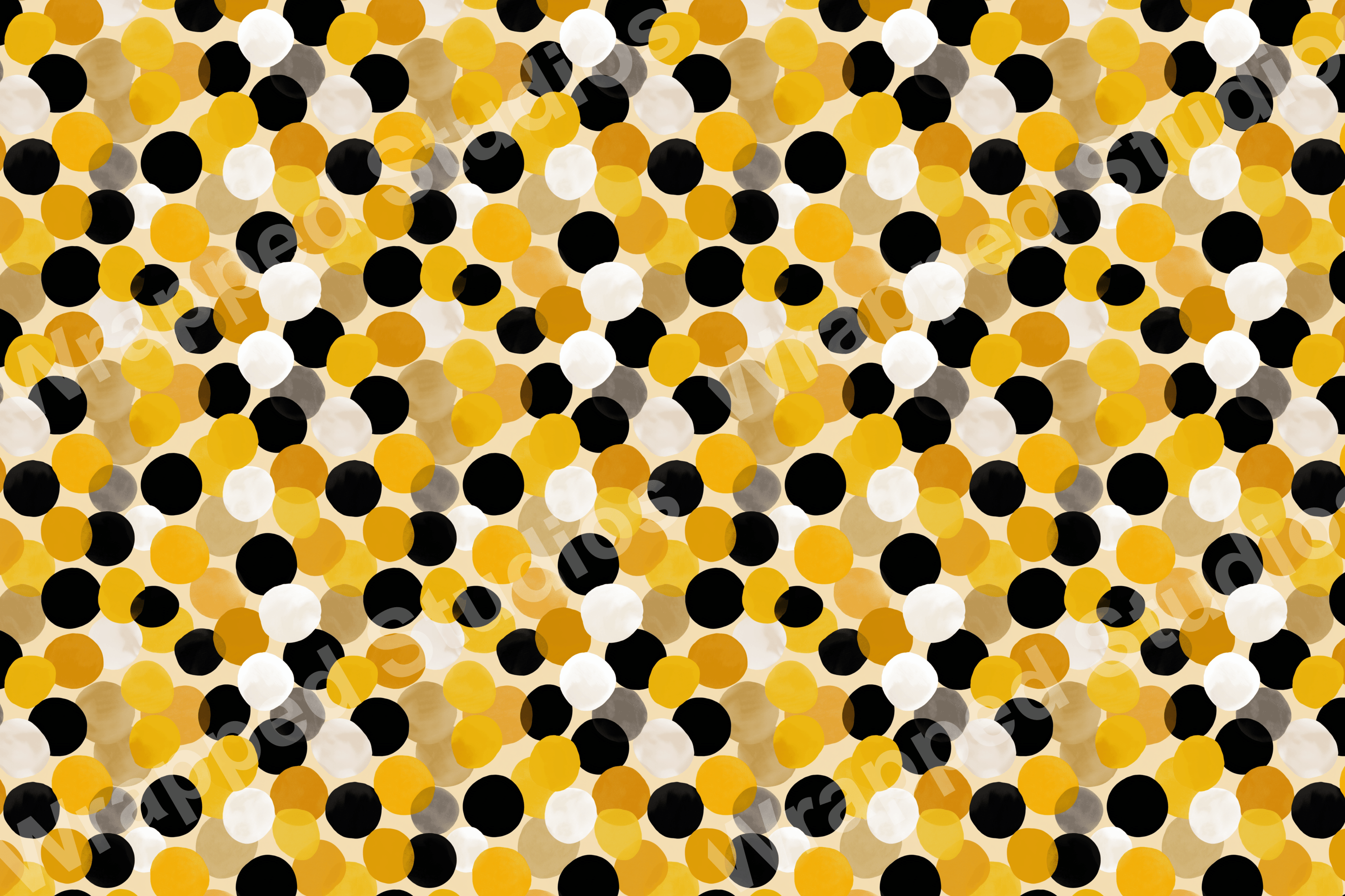 Abstract seamless pattern with black, white, and gold watercolor-style dots for a modern, playful design.