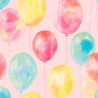 Seamless pastel watercolor balloon pattern with pink, yellow, and blue balloons on a light pink background.