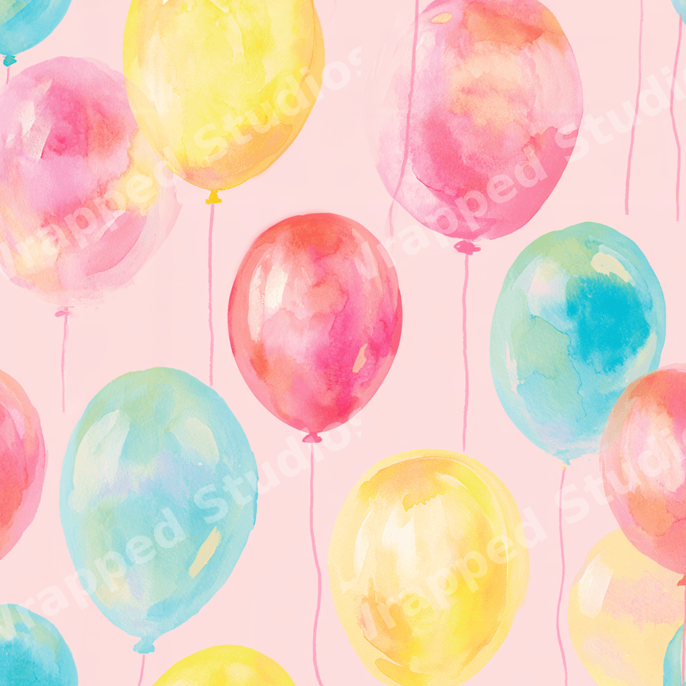 Seamless pastel watercolor balloon pattern with pink, yellow, and blue balloons on a light pink background.