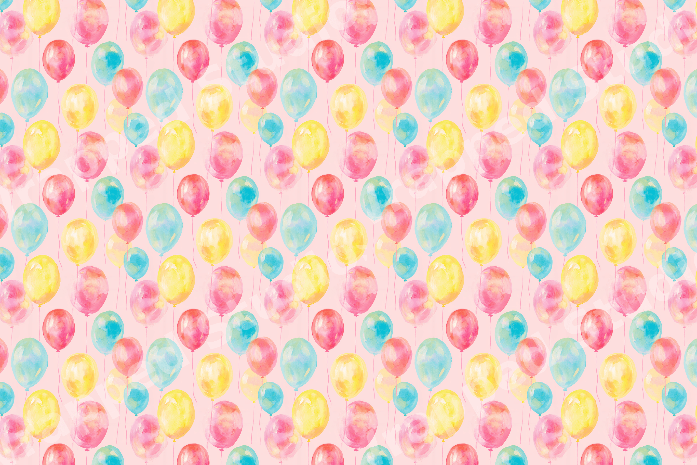 Playful watercolor balloon pattern featuring pink, yellow, and blue balloons on a soft pink background.