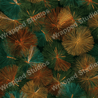 Seamless pattern of stylized burst motifs in shades of teal, green, orange and gold.