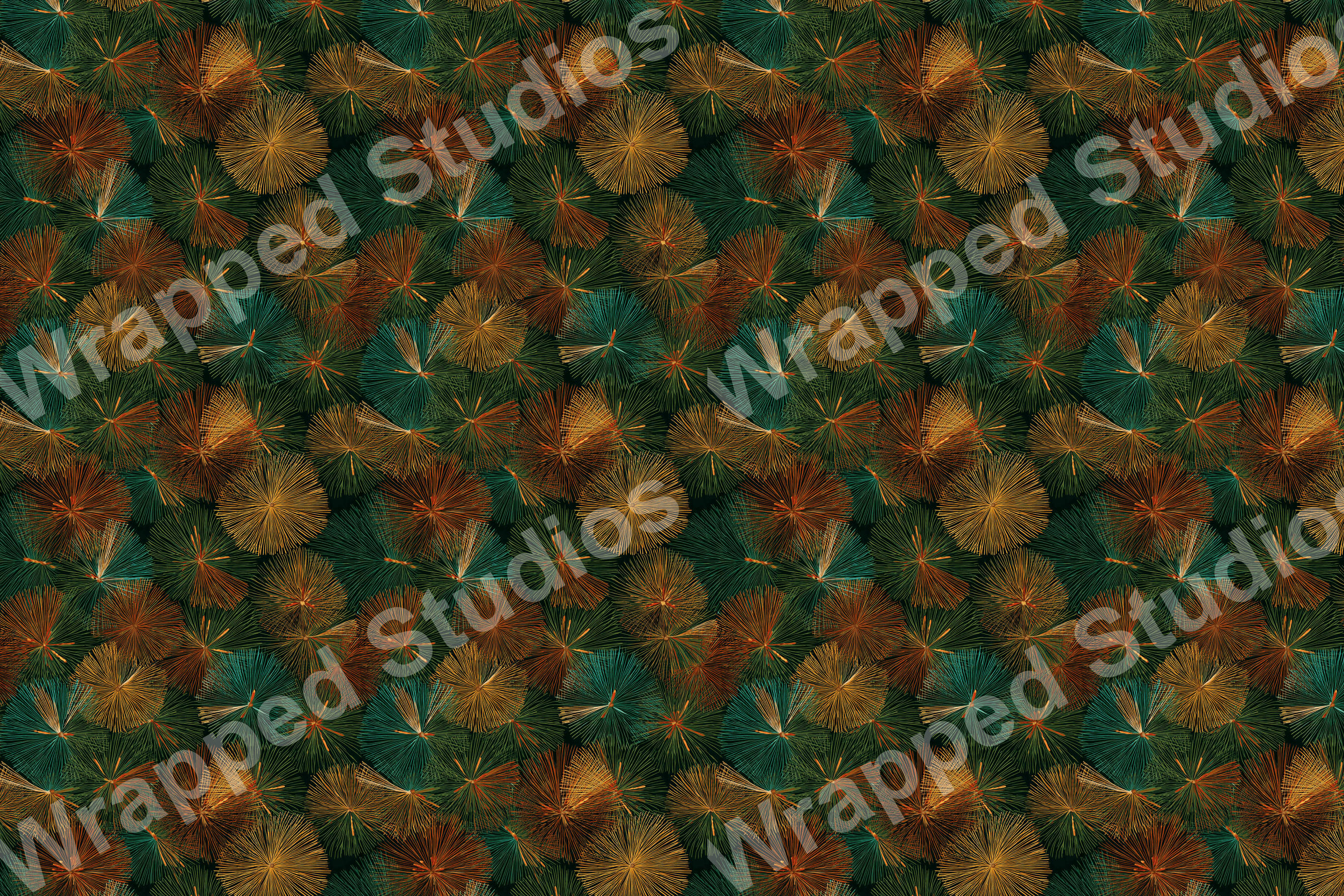 Seamless abstract pattern of gold, teal, and bronze radial starburst shapes.