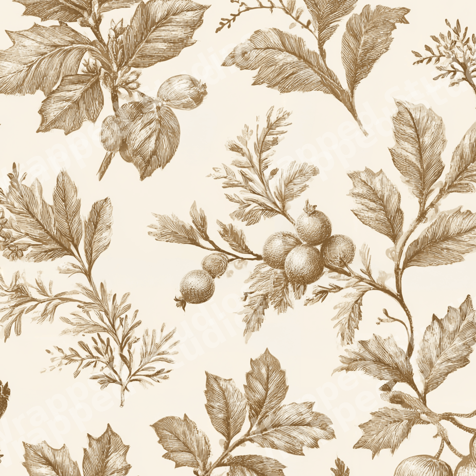 Vintage botanical pattern featuring sepia-sketched leaves and berries on a cream background.