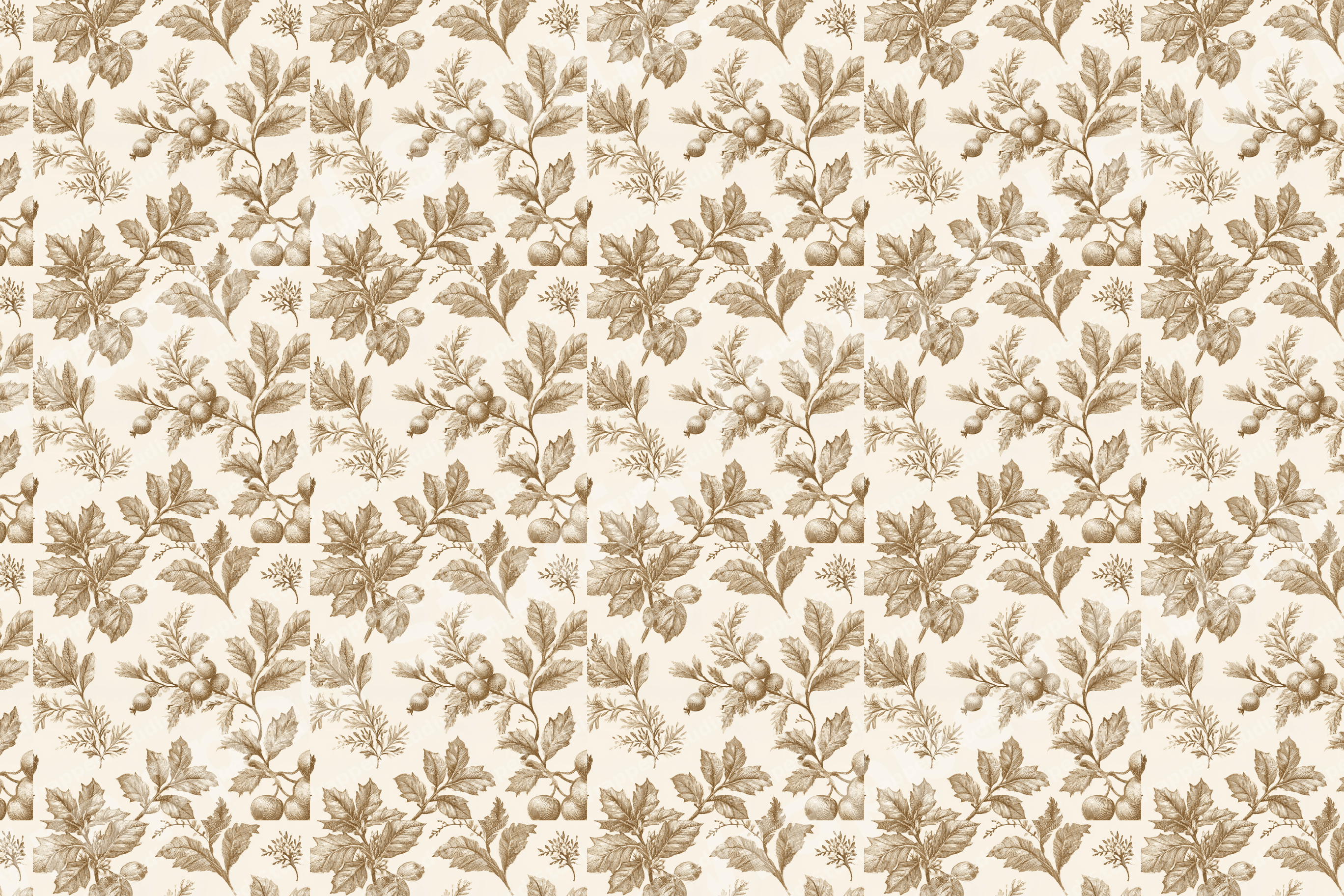 Vintage botanical pattern featuring sketched sepia leaves and berries on a warm cream background.