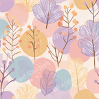 Seamless floral pattern with pastel circles, stylized leaves, and berry sprigs in lavender, peach, yellow, and blue.
