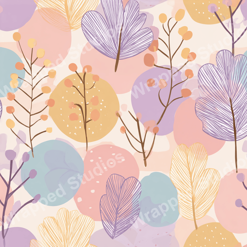 Seamless floral pattern with pastel circles, stylized leaves, and berry sprigs in lavender, peach, yellow, and blue.