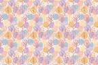 Pastel botanical pattern with hand-drawn leaves, berries, and abstract shapes in yellow, lavender, and peach.