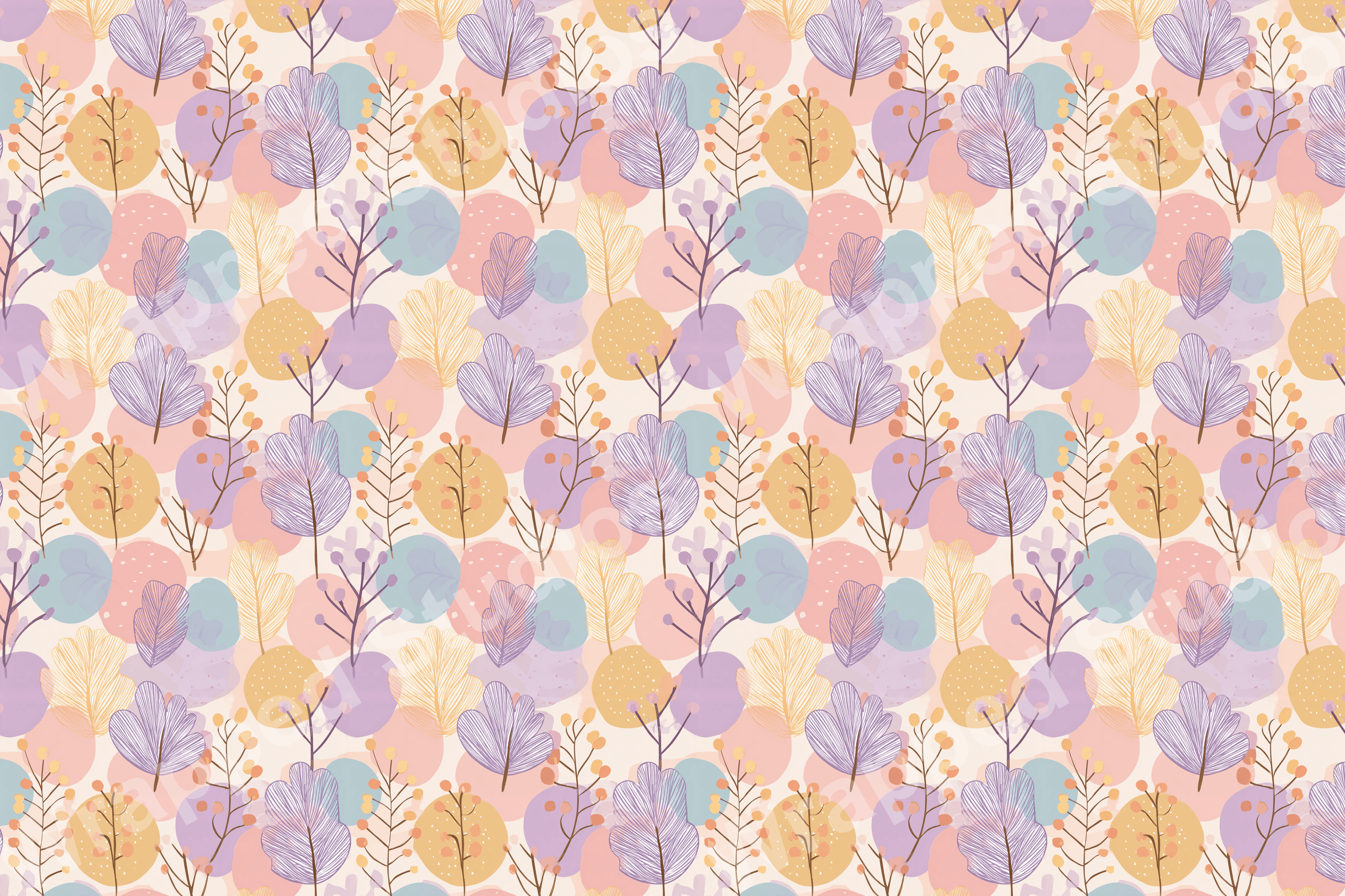 Pastel botanical pattern with hand-drawn leaves, berries, and abstract shapes in yellow, lavender, and peach.