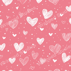 Pink and white heart pattern with a playful, hand-drawn doodle style and scattered polka dots.