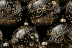Seamless elegant black and gold pattern with swirls, botanical elements, and polka dots.