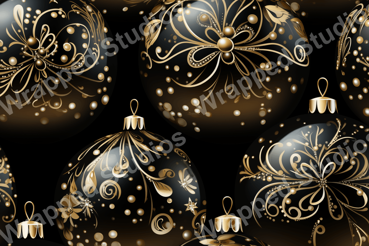 Seamless elegant black and gold pattern with swirls, botanical elements, and polka dots.