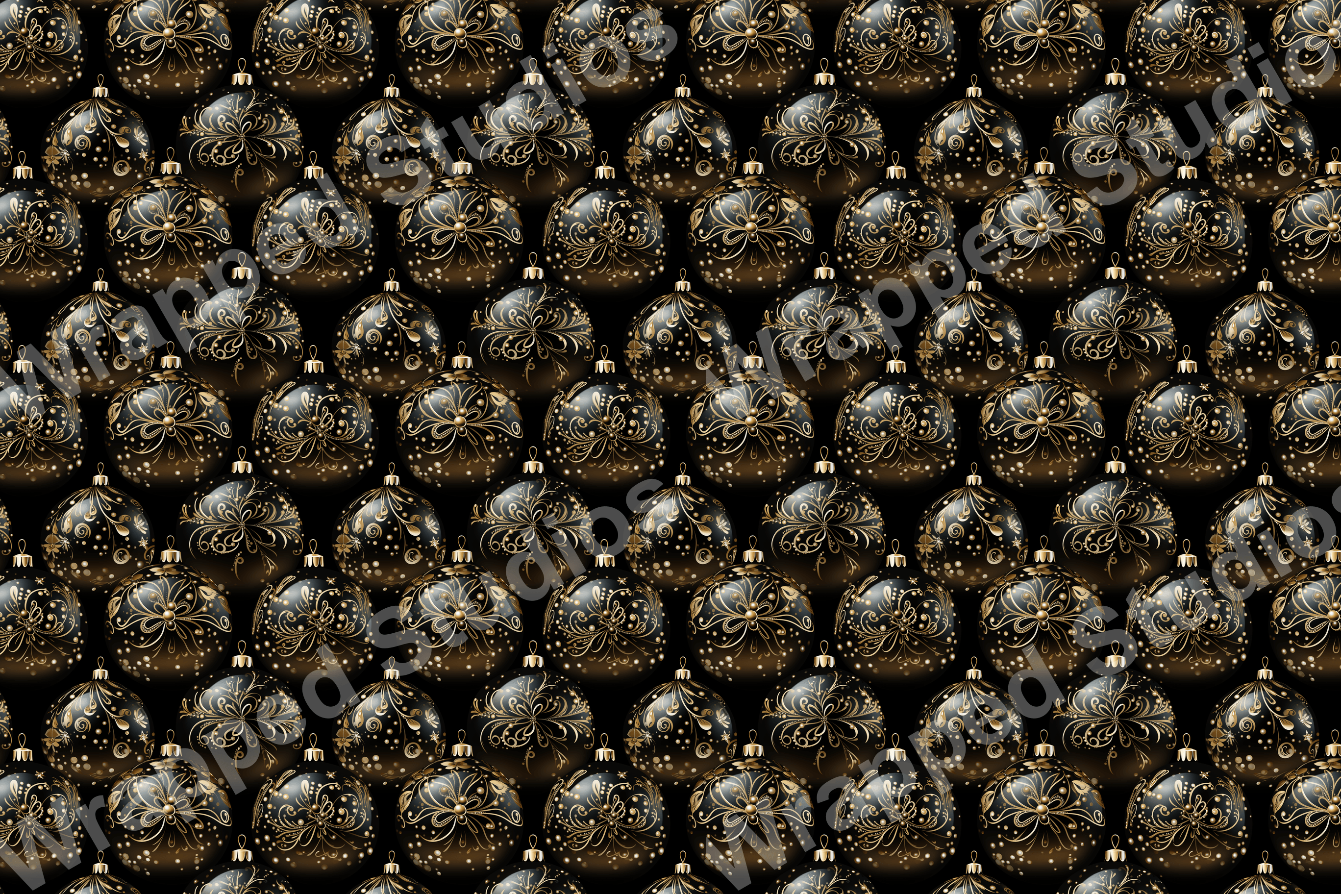 Elegant, seamless pattern of black ornaments with gold floral filigree and dotted accents on a black background.