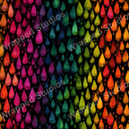 Seamless watercolor pattern with rainbow raindrop shapes on black, a colorful abstract print.
