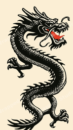 Vintage Asian dragon print in black ink with a red tongue on a cream background.