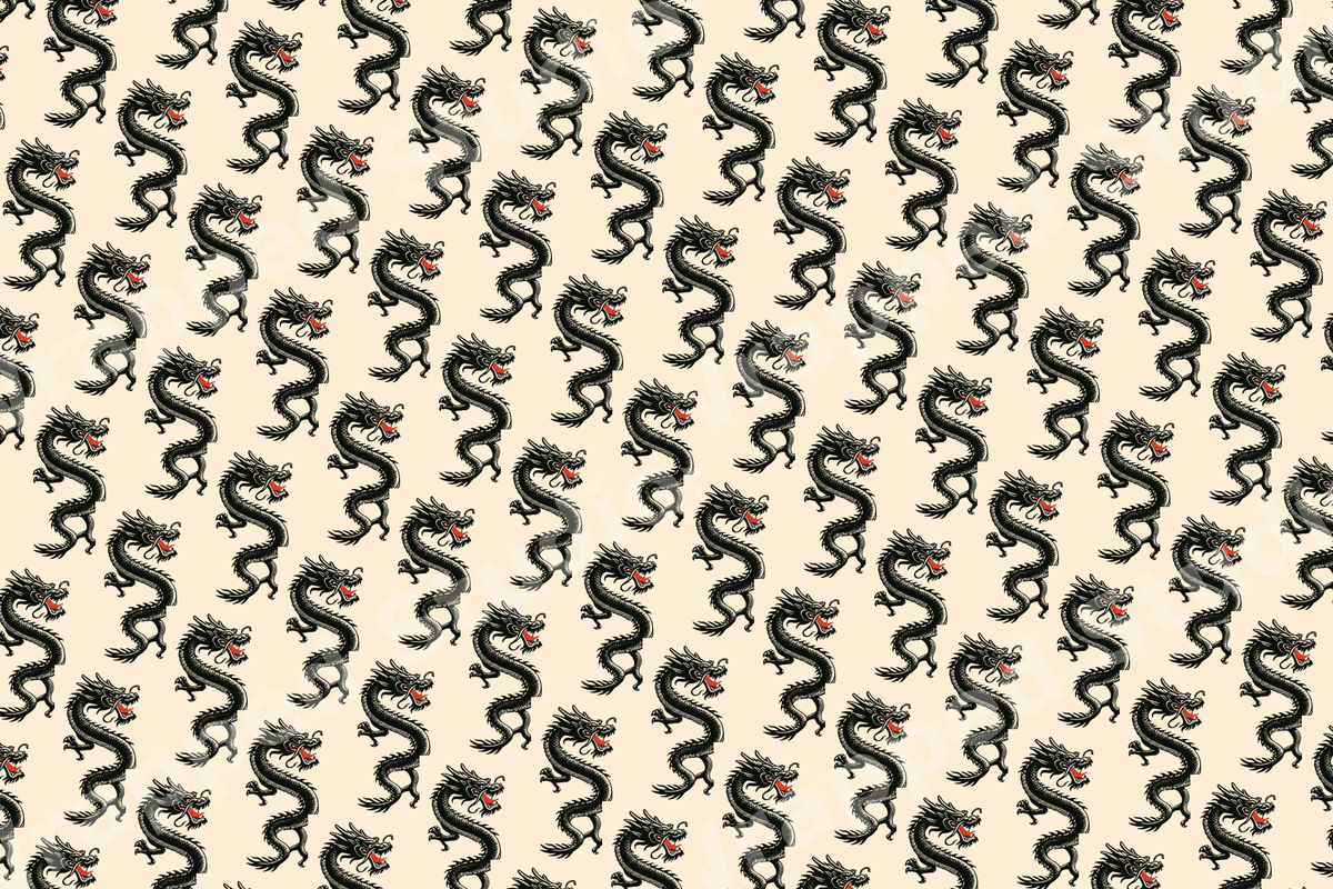 Seamless vintage Chinese dragon pattern in black and red on a cream background.
