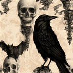 Vintage gothic pattern featuring a black raven, skulls, and a bat with ornate baroque details on cream.