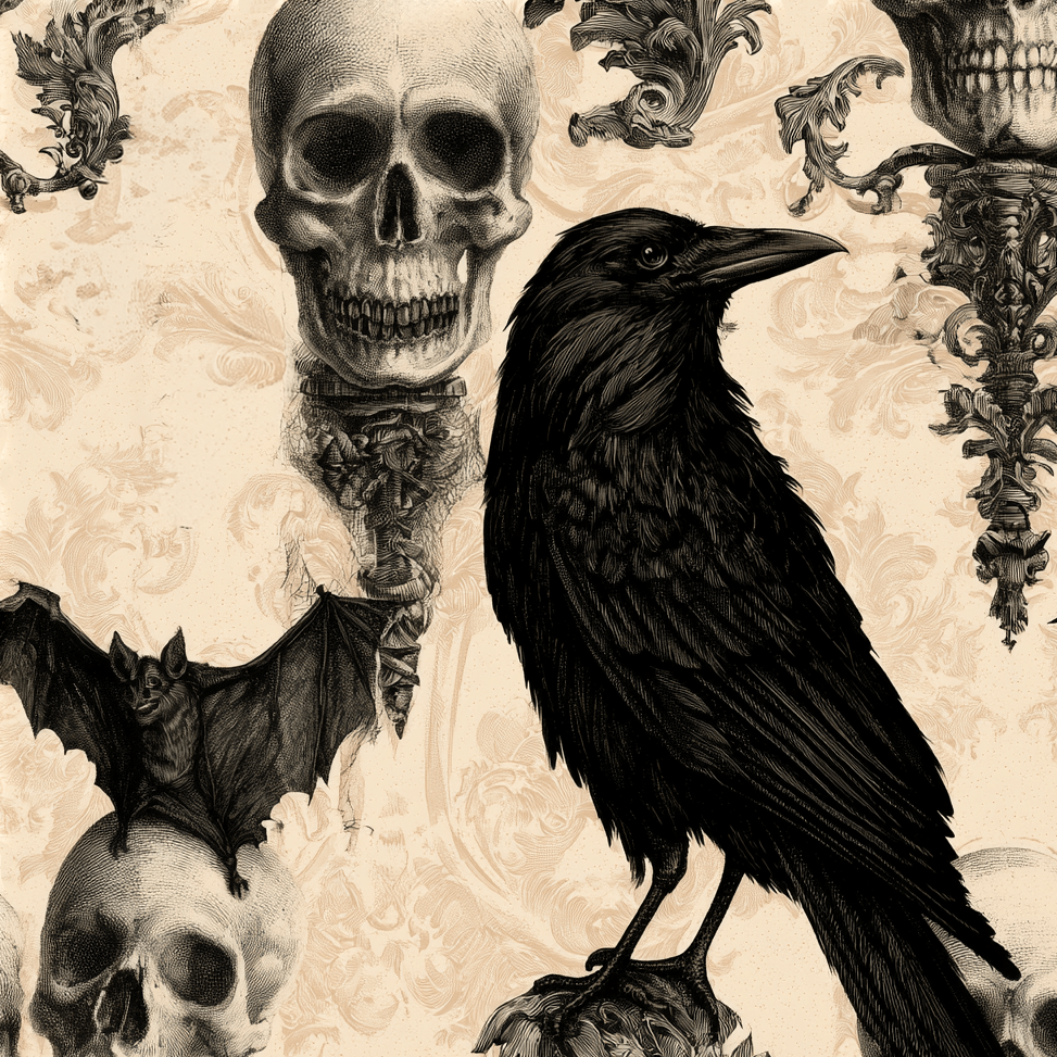 Vintage gothic pattern featuring a black raven, skulls, and a bat with ornate baroque details on cream.