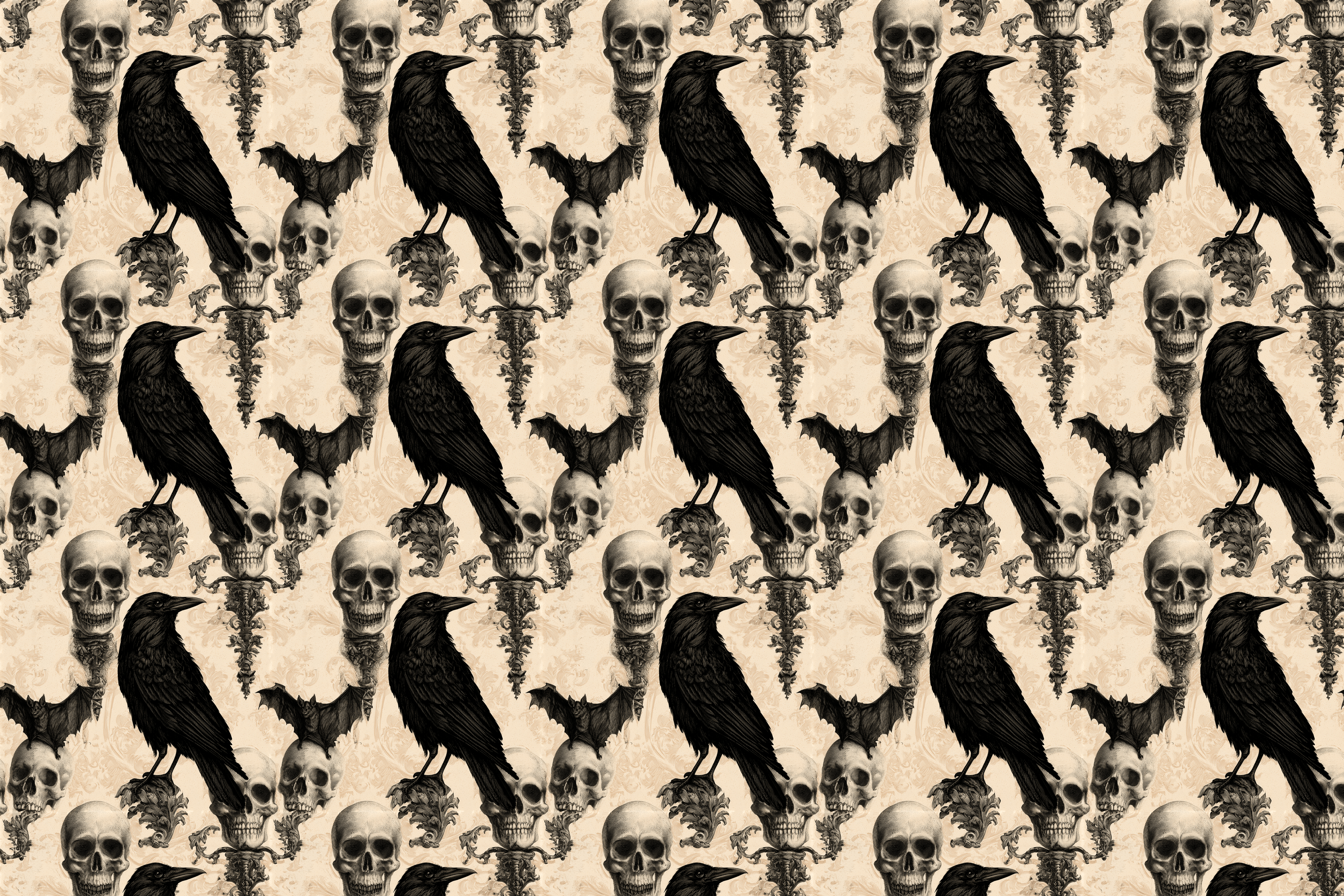 Spooky gothic pattern featuring black ravens, skulls, and bats on a vintage cream damask background.