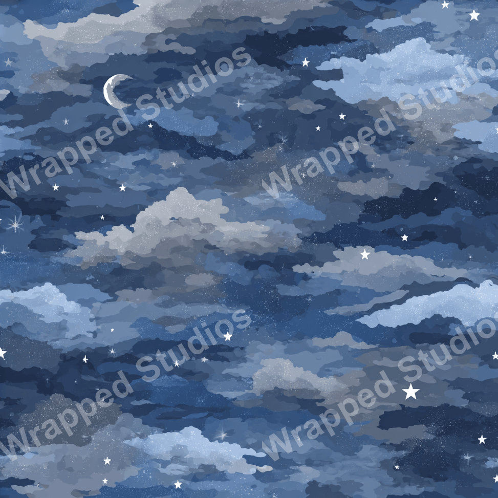 Watercolor celestial pattern with clouds, moon, and stars in shades of blue and gray.