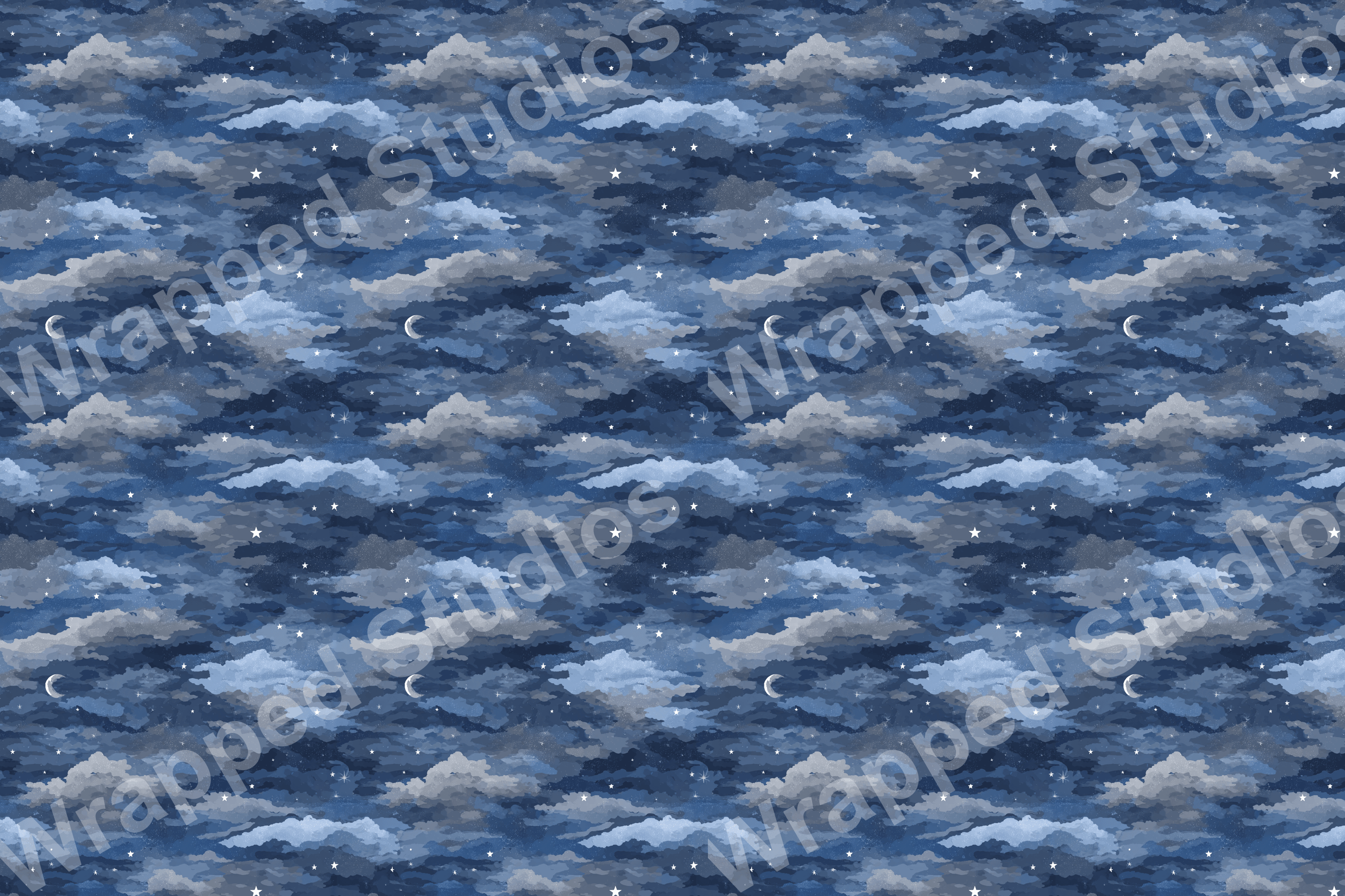 Seamless celestial pattern with clouds, stars, and crescent moons in shades of blue and gray.