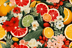 Whimsical fruit pattern with lemons, limes, oranges, and blossoms in red, green, yellow, white, and pink on a black background.