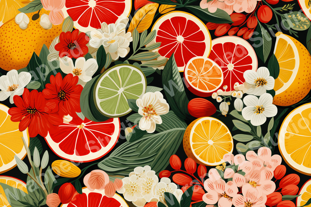 Whimsical fruit pattern with lemons, limes, oranges, and blossoms in red, green, yellow, white, and pink on a black background.