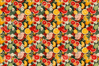 Vibrant citrus and floral pattern with oranges, reds, yellows, and greenery.