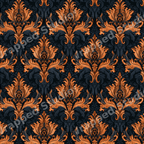 Ornate baroque damask pattern featuring metallic copper floral scrolls on a dark navy blue background.