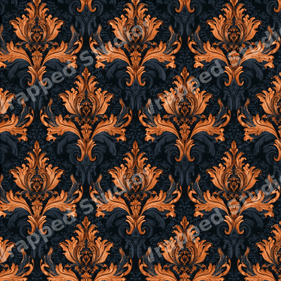 Ornate baroque damask pattern featuring metallic copper floral scrolls on a dark navy blue background.