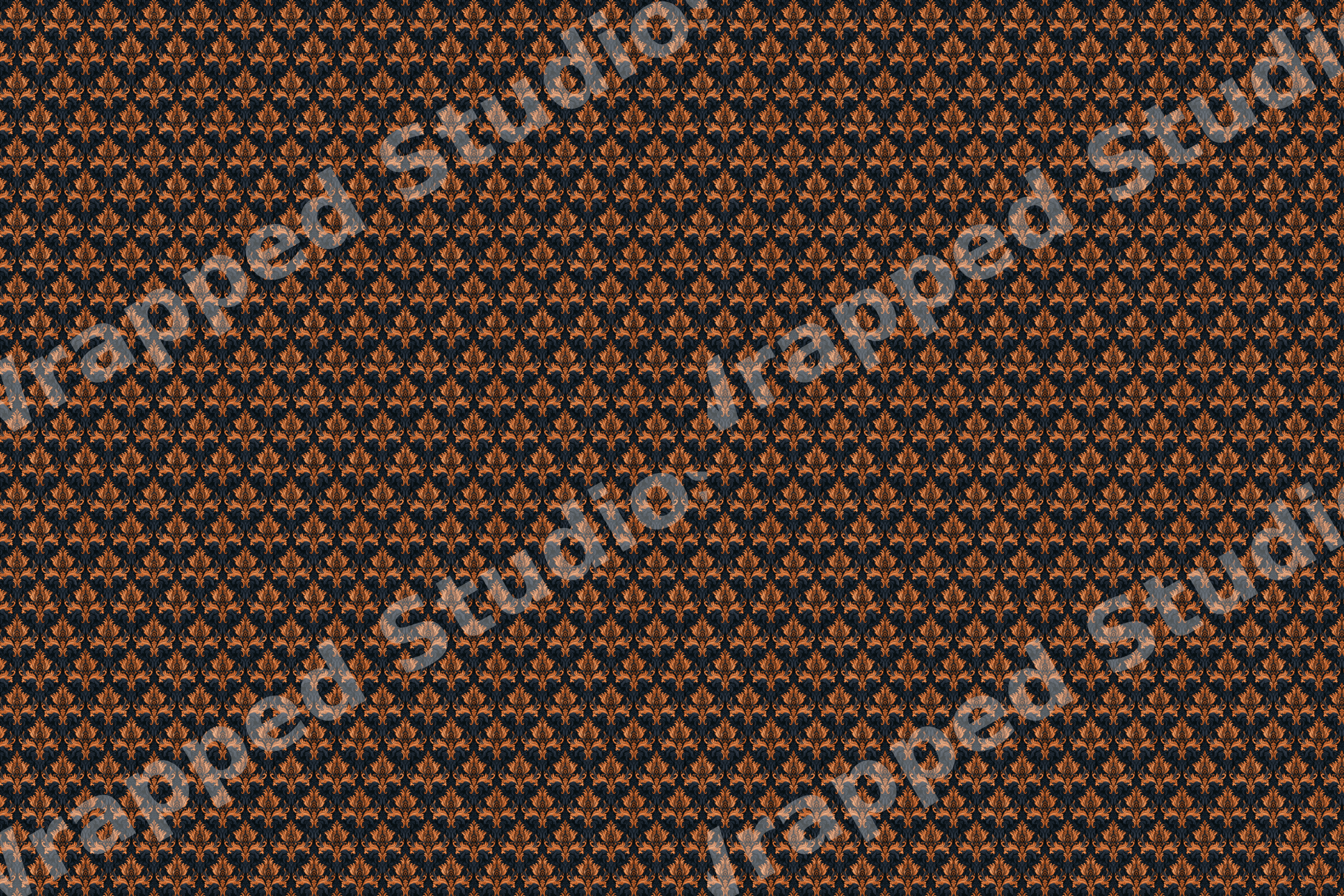 Ornate vintage damask pattern with copper floral motifs on a dark black background.