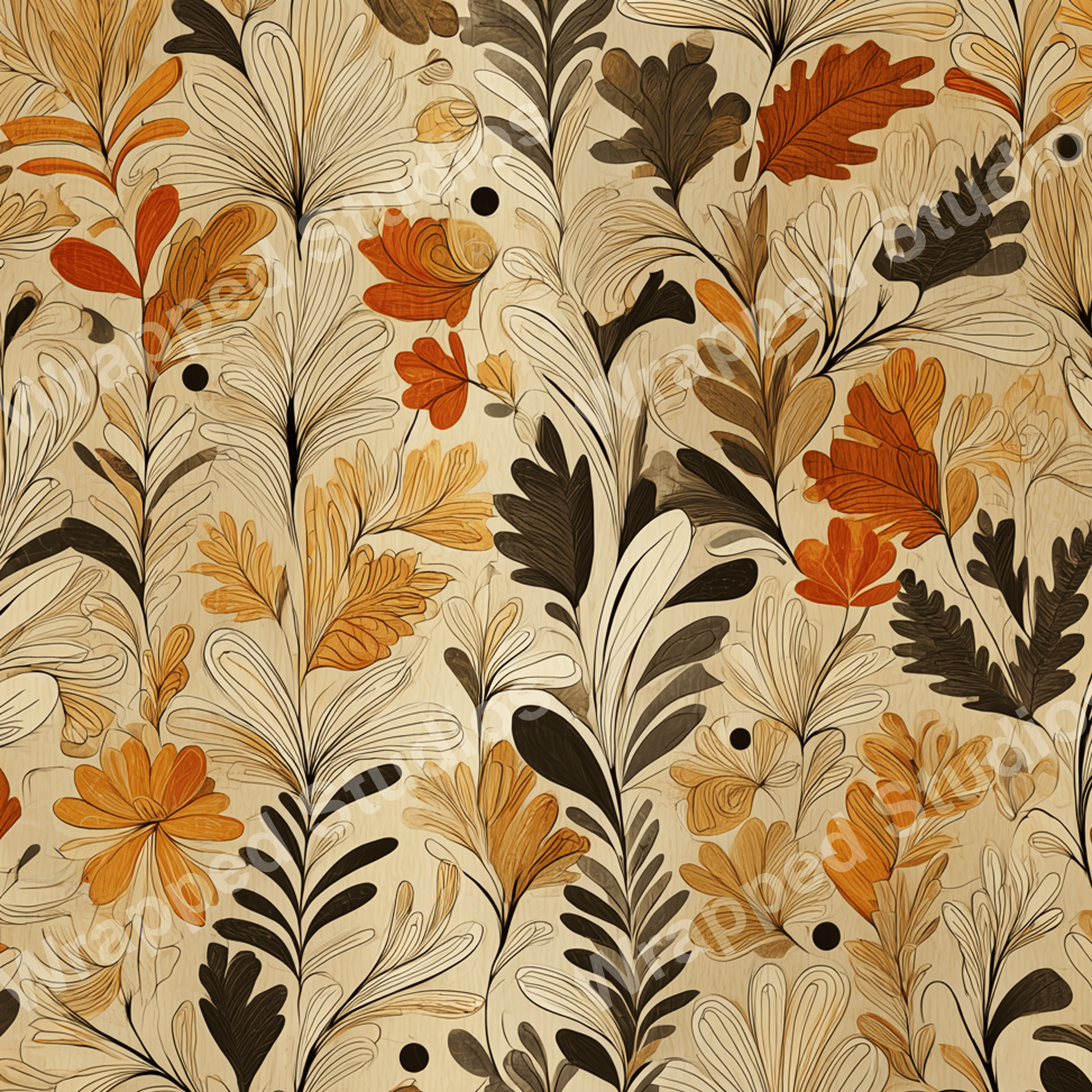 Elegant floral pattern with linear botanical designs in warm autumn colors.