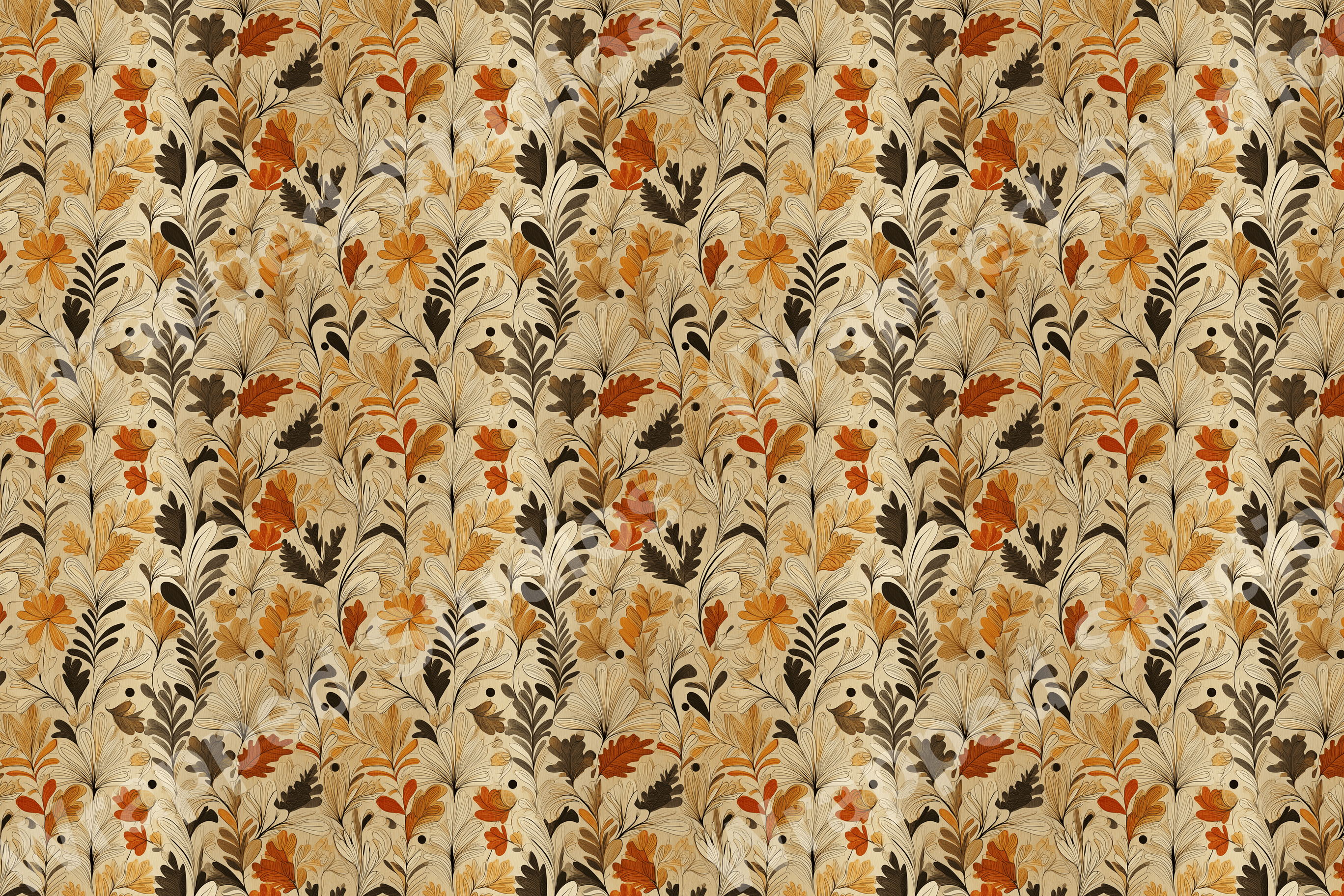 Autumnal floral pattern with brown, gold, and rust colored leaves on curling vines.