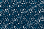 Elegant botanical pattern with white and blue leaves and berries on a dark navy background.