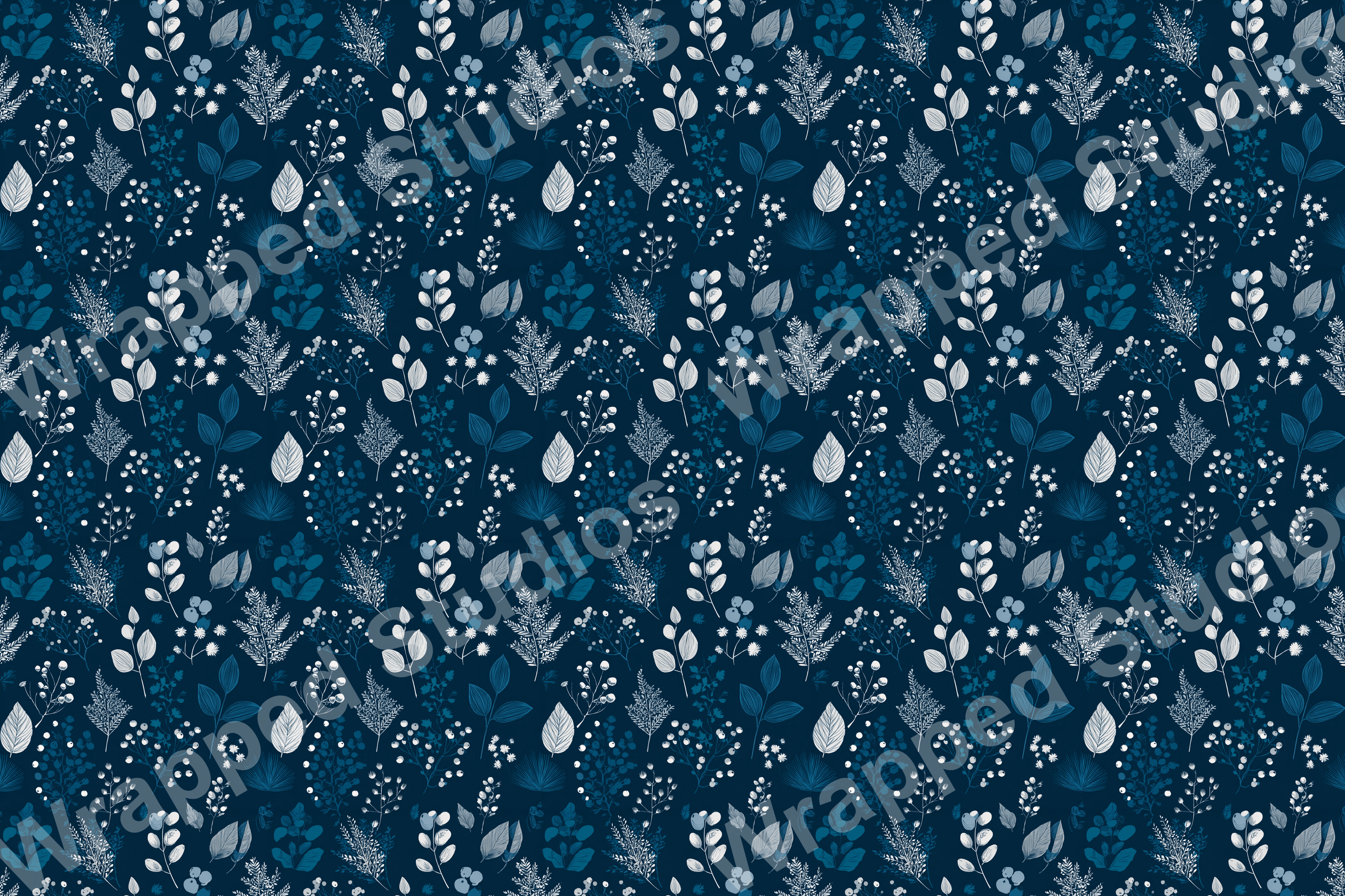Elegant botanical pattern with white and blue leaves and berries on a dark navy background.